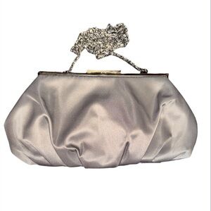 Lulu Townsend Silver Gray Satin Clutch Purse with Chain Strap Ruched Evening Bag